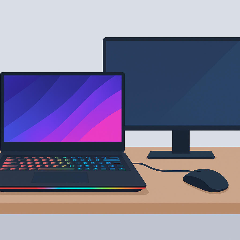 Gaming laptop test setup with multiple devices