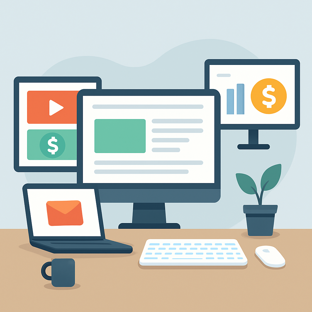 Tech blogger workspace showing various monetization strategies