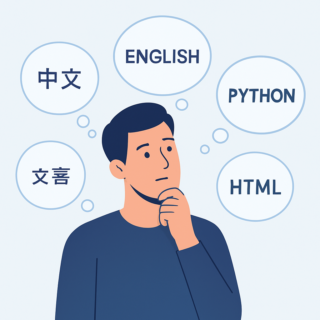 Developer with multilingual and multi-programming language thought bubbles