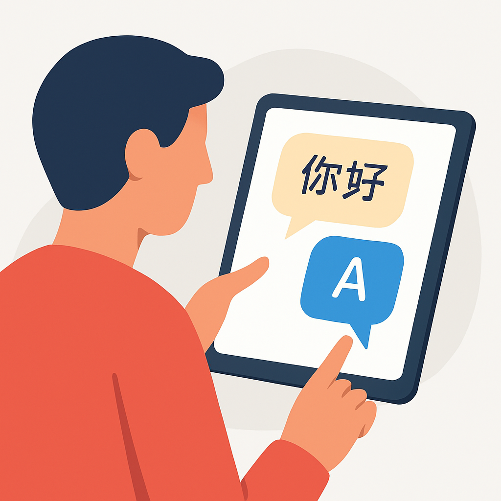 Language exchange app on tablet with chat bubbles