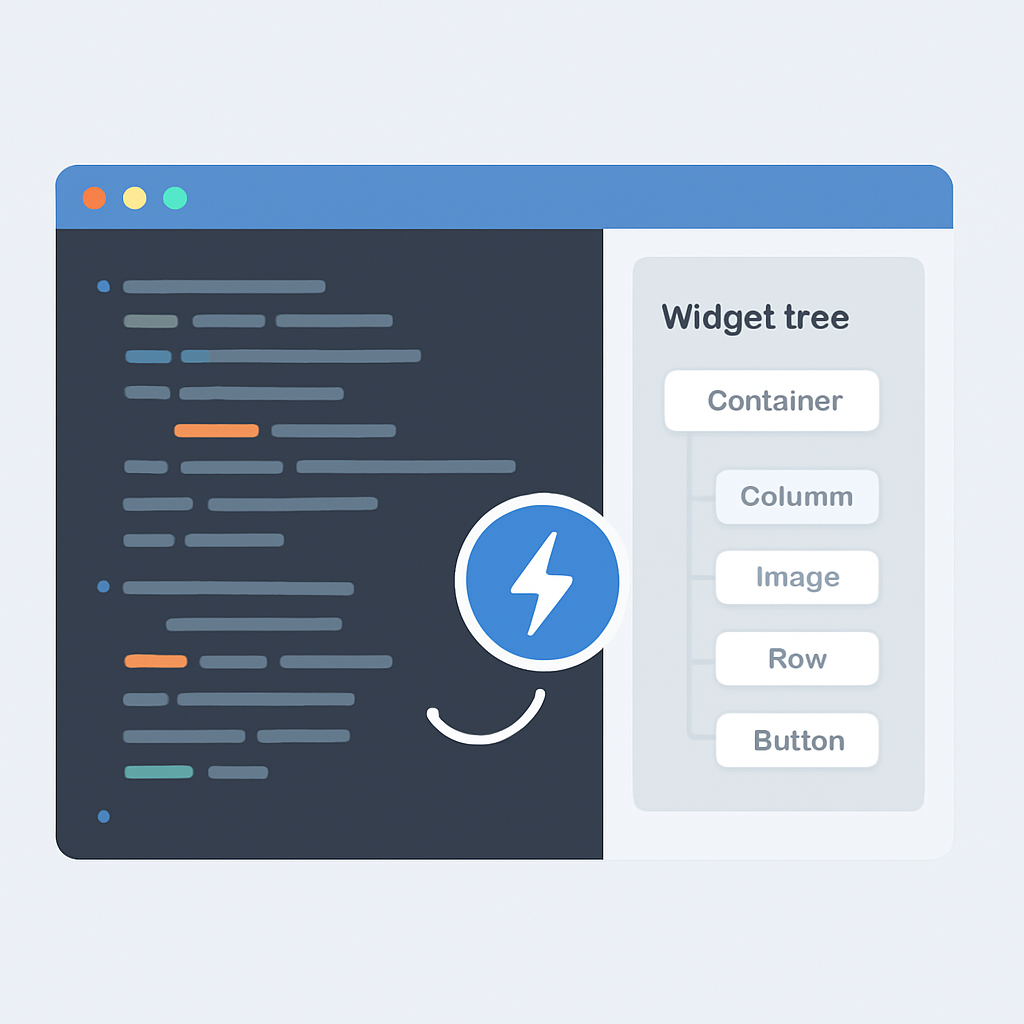 Flutter IDE interface with hot reload and widget inspector