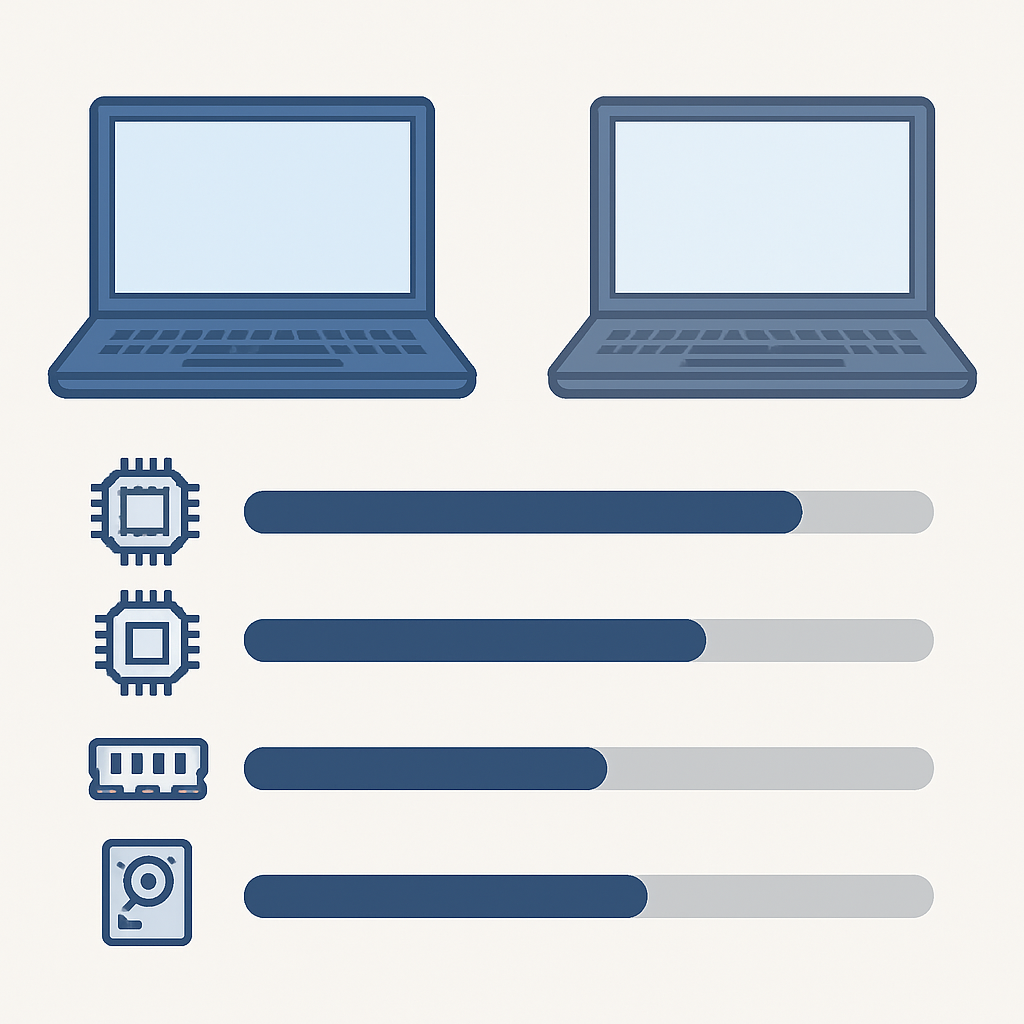 Gaming laptop specifications comparison chart with performance metrics