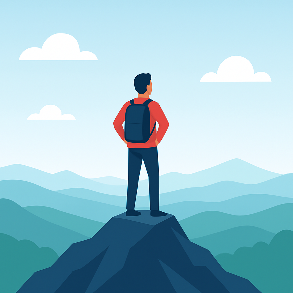 Person on mountain peak looking at new horizons