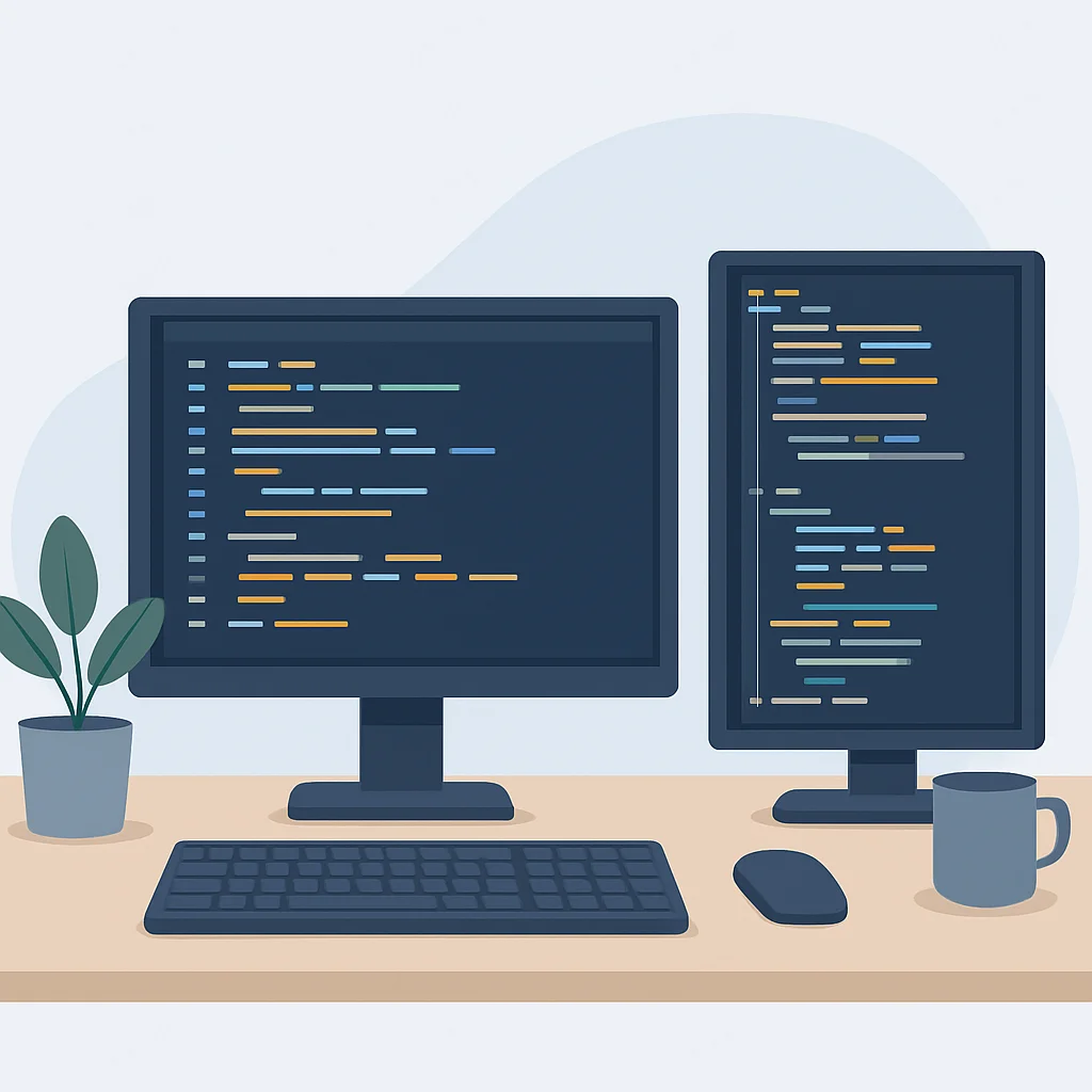 Developer desk setup with portrait monitor for coding