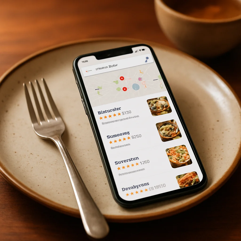 Google Maps app showing restaurant search results and detailed user reviews