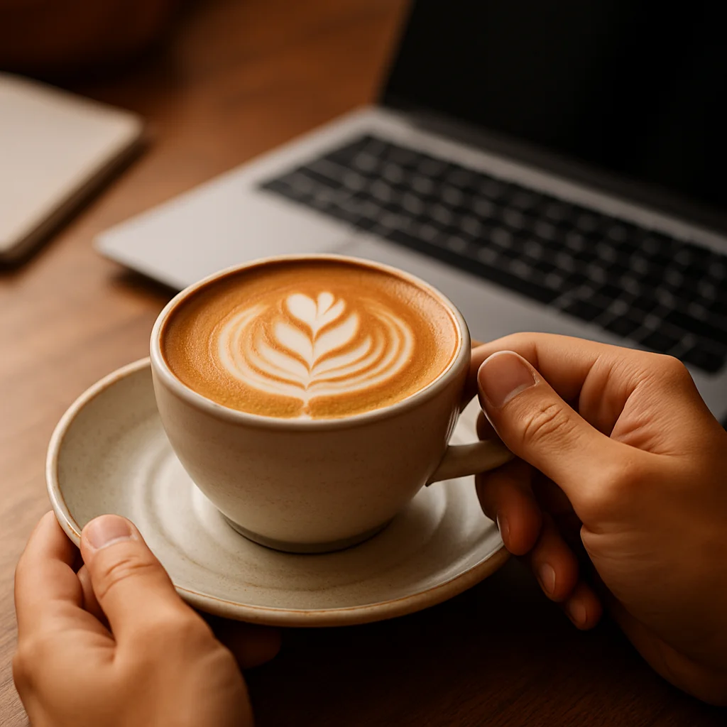 Home Barista enjoying coffee in home office 2026