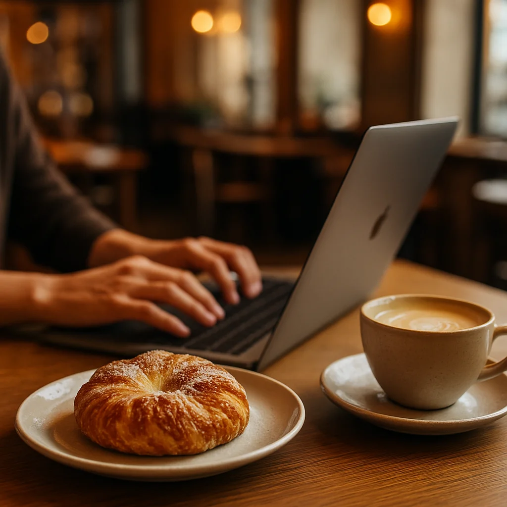 Cozy Berlin cafe interior with a remote worker and laptop