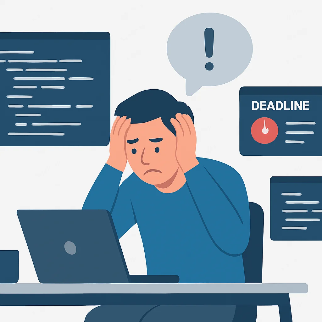 Stressed developer at desk with overwhelming tasks