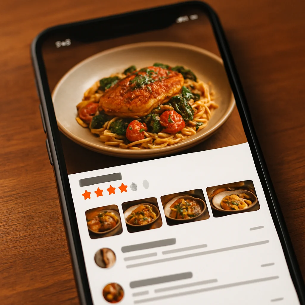 Yelp app interface displaying a restaurant's profile, user reviews, and food photos