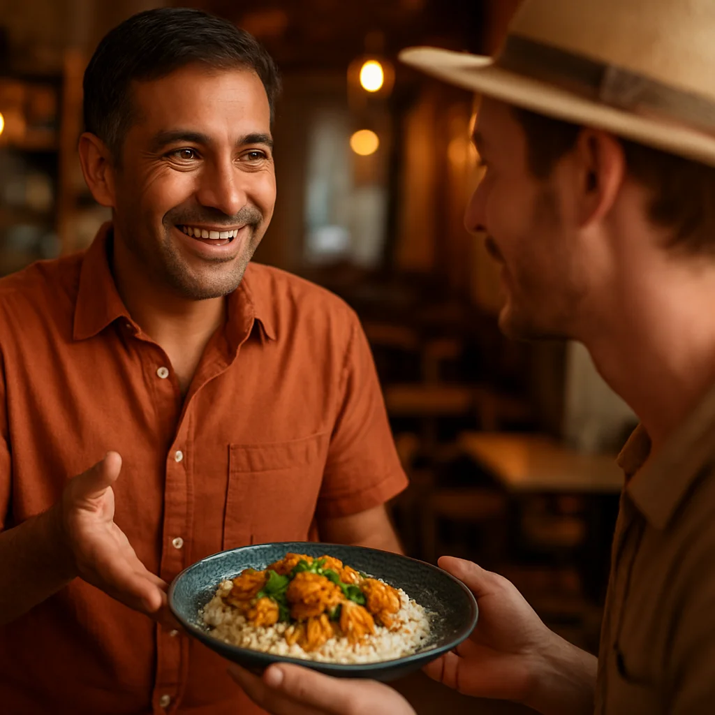 Local person recommending a restaurant to a tourist