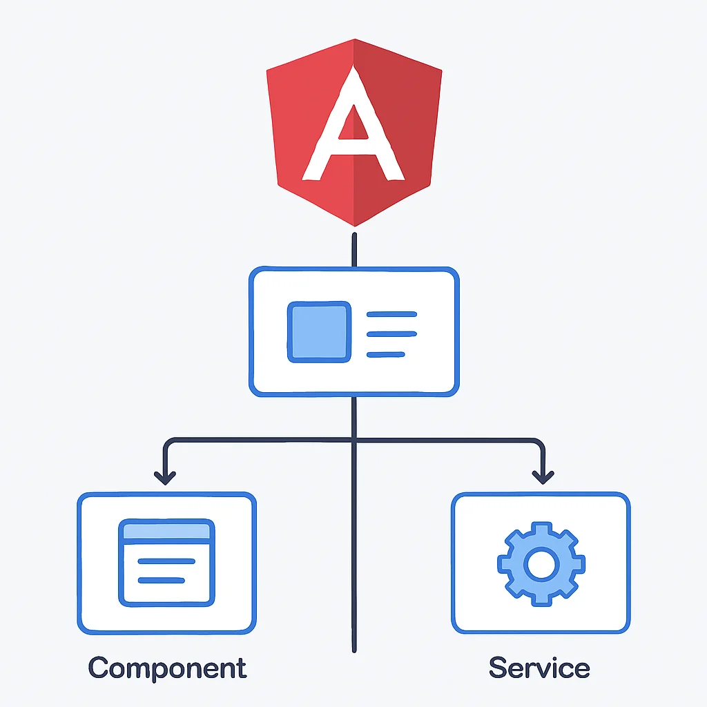 Angular application architecture with modules, components, services, and dependency injection