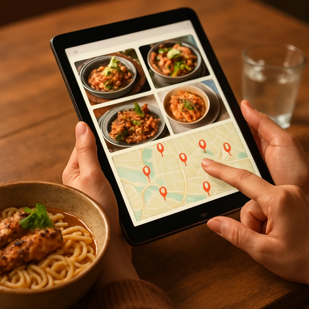 Traveler planning trip, researching local cuisine and saving restaurant pins on a tablet