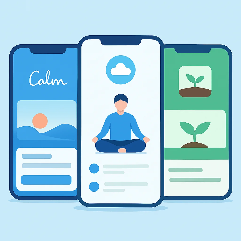 User interface mockups of mental wellness applications