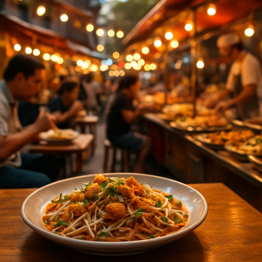 Bustling street food market with diverse culinary offerings and happy customers
