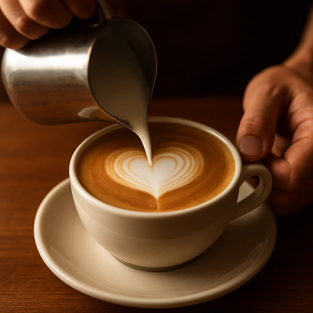 Latte art heart being poured into a cappuccino