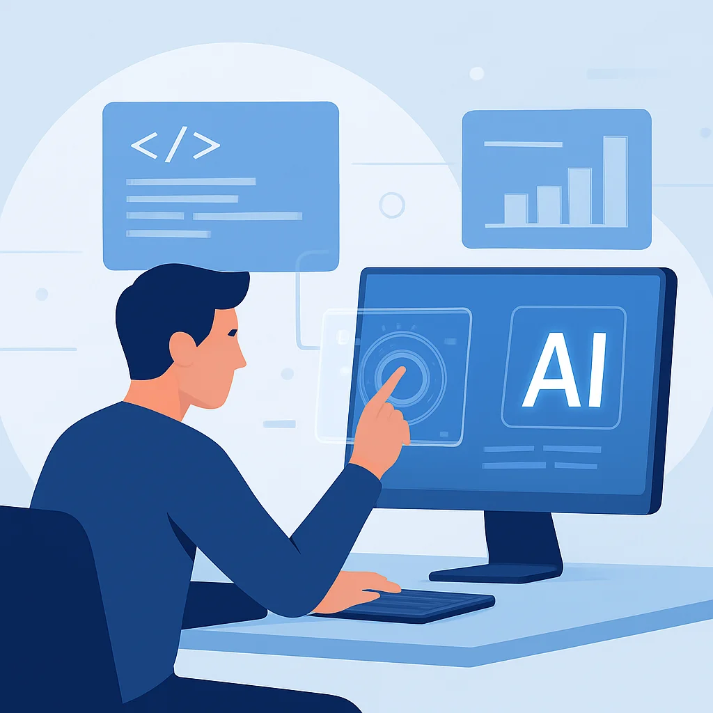 Developer using AI PC in a futuristic smart office environment