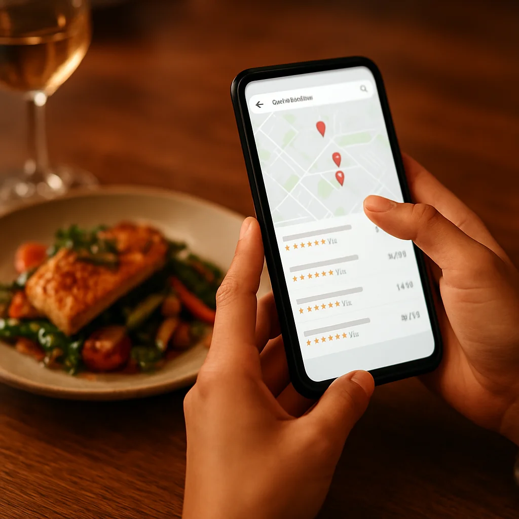 Smartphone showing Google Maps restaurant search results filtered by high ratings