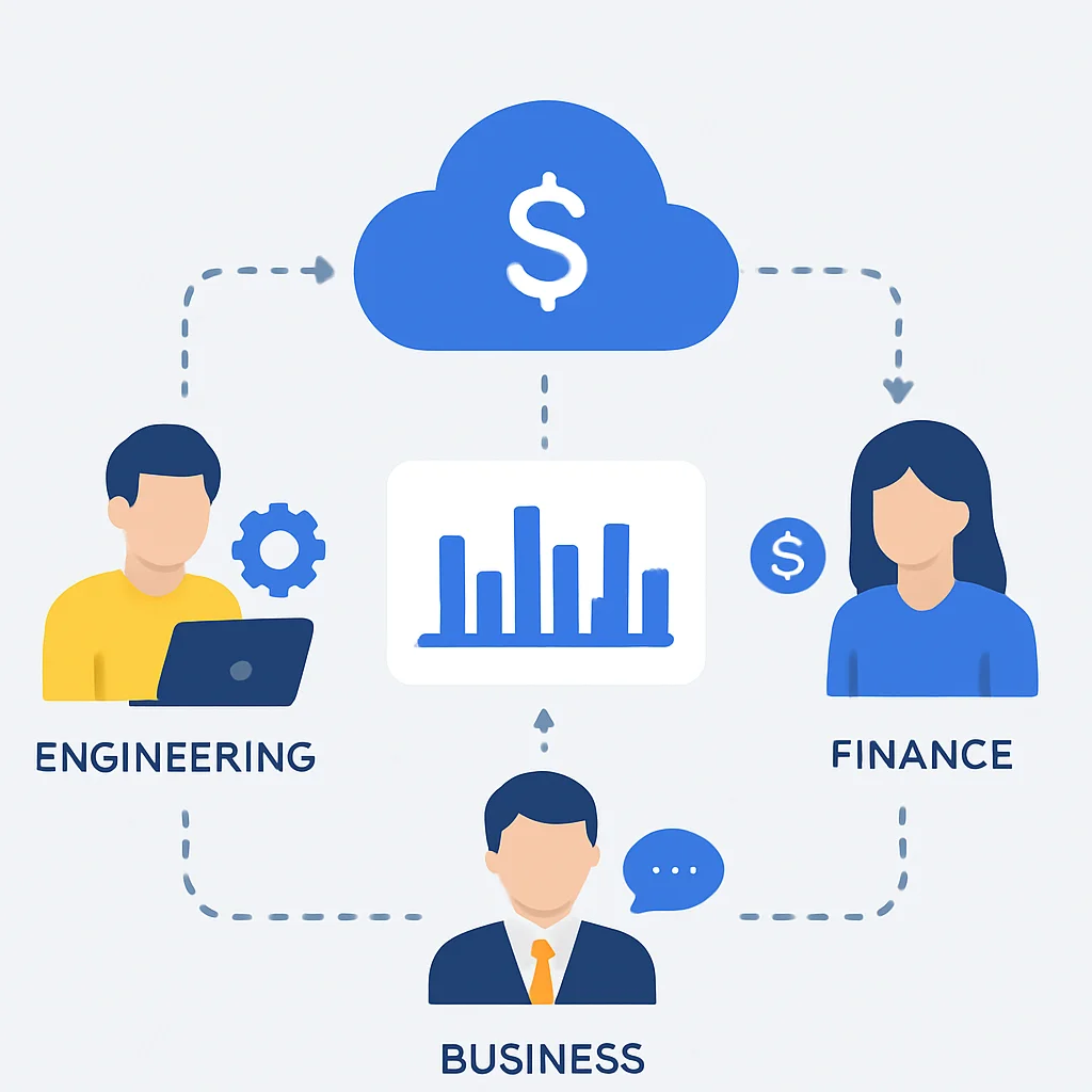 FinOps Workflow Diagramm mit Team-Kollaboration und zentraler Kostenplattform