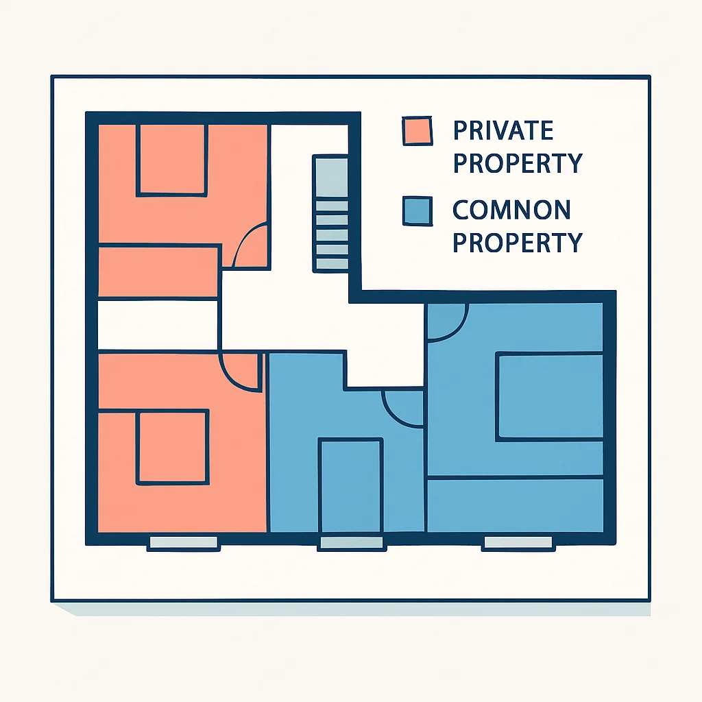 Blueprint of an apartment building highlighting private and common property