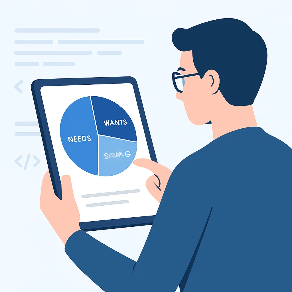 Developer budgeting with 50/30/20 rule pie chart