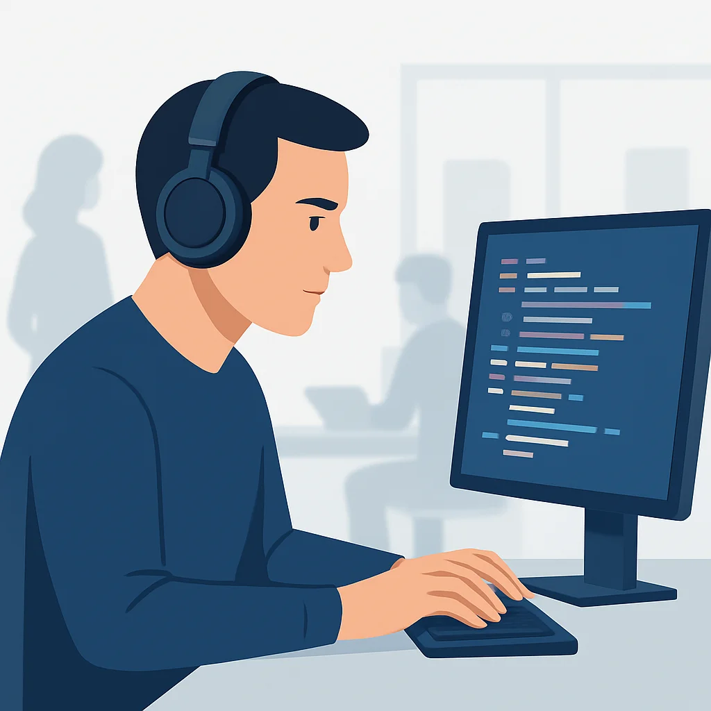 Developer focused on code with ANC headphones in a busy office