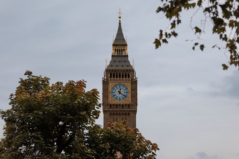 Captivating photo of Big Ben in London framed by autumn trees under a cloudy sky.
