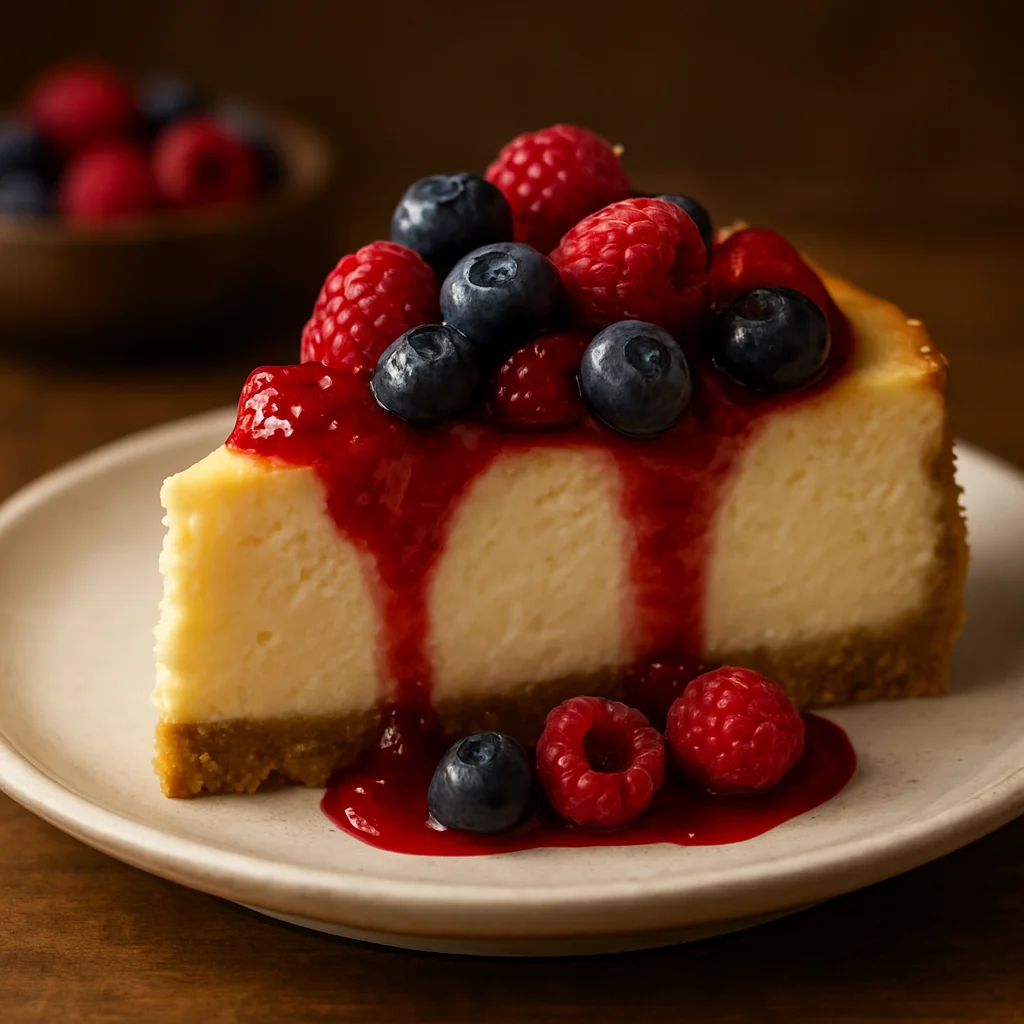 Cremiger New York Style Käsekuchen mit Beeren-Topping auf einem weißen Teller
