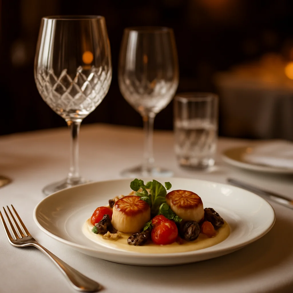 Exquisite fine dining table setting with crystal stemware and crisp white linen