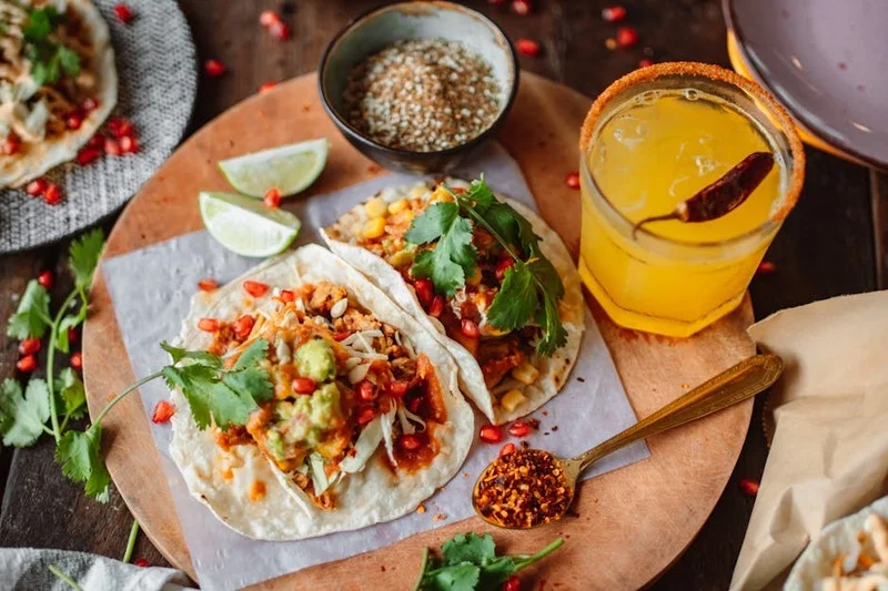 Colorful street tacos with diverse fillings