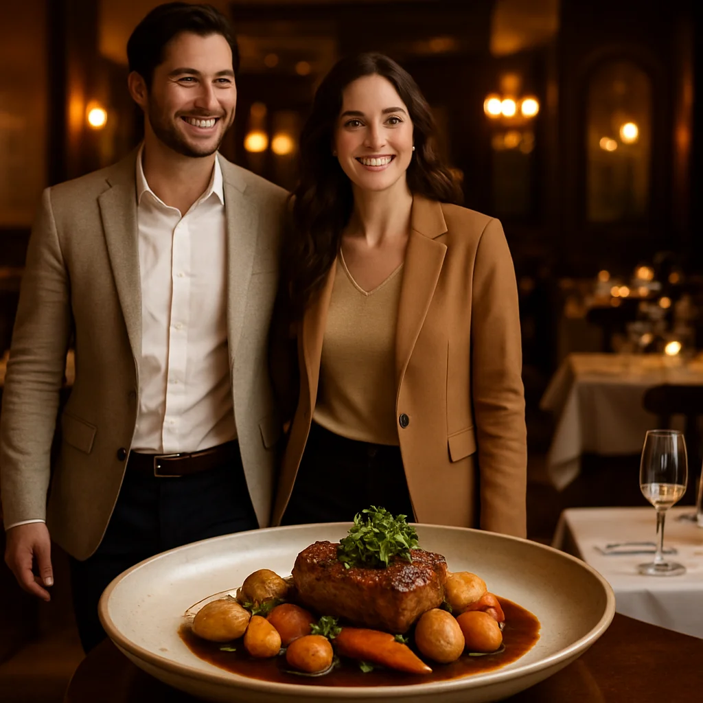 Elegant couple in smart casual outfits arriving at a luxury restaurant