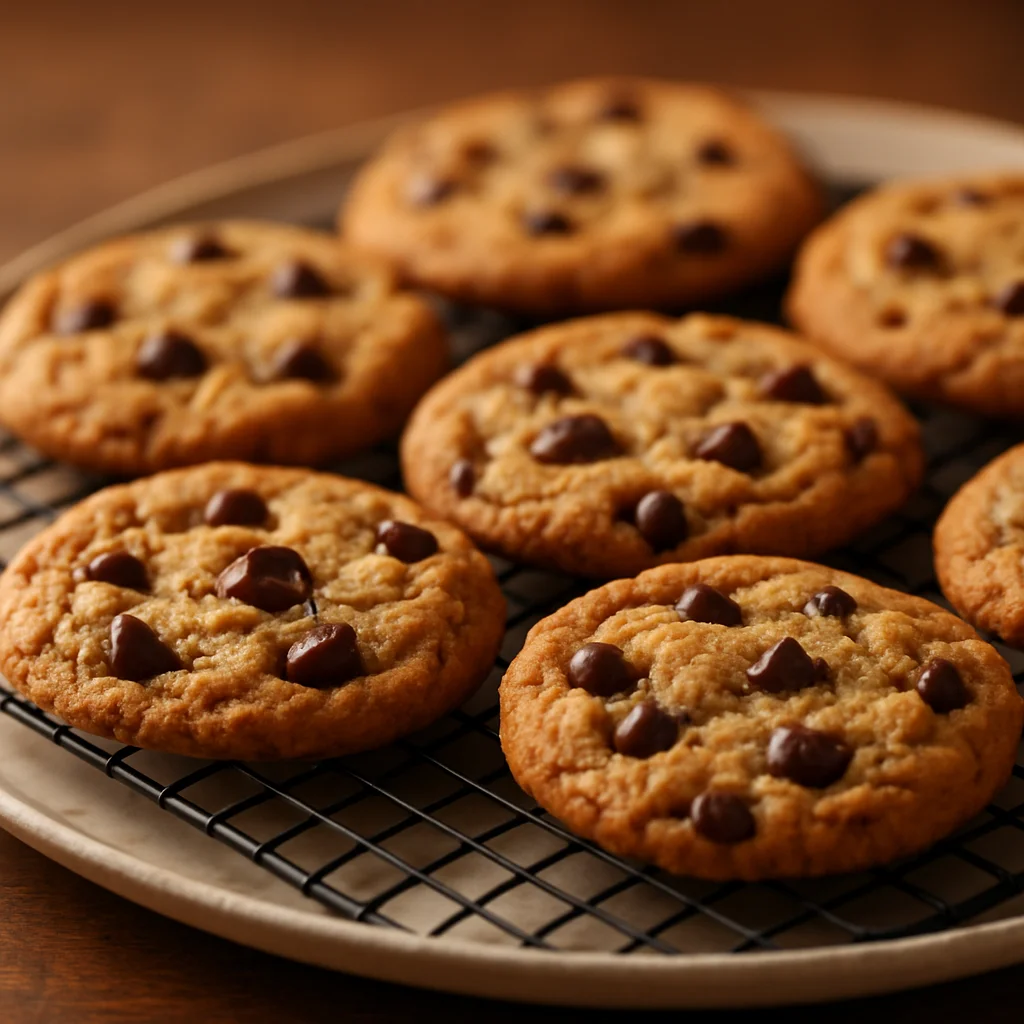 Frisch gebackene Chocolate Chip Cookies auf einem Kuchengitter