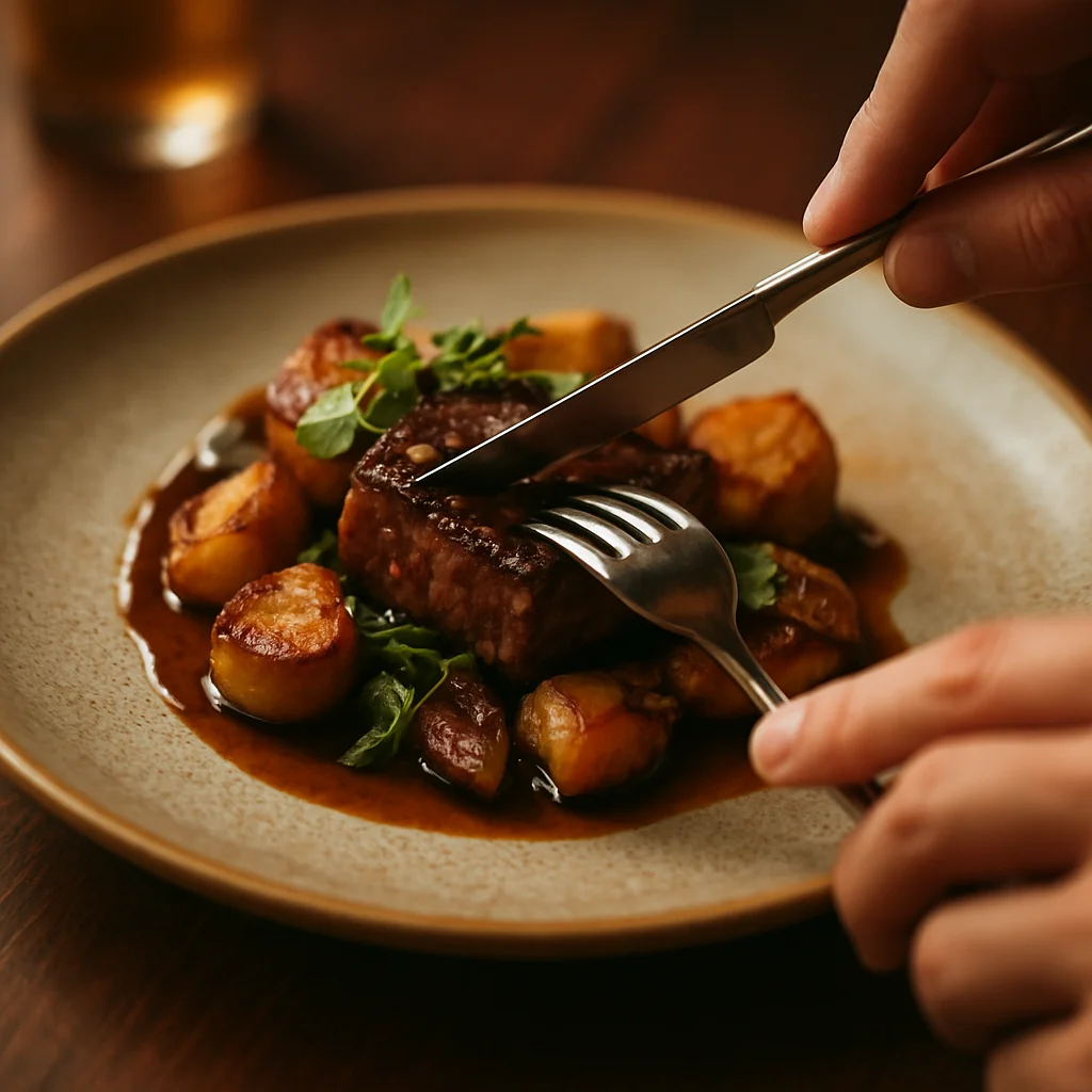 Hands delicately using polished cutlery to enjoy an artfully presented dish