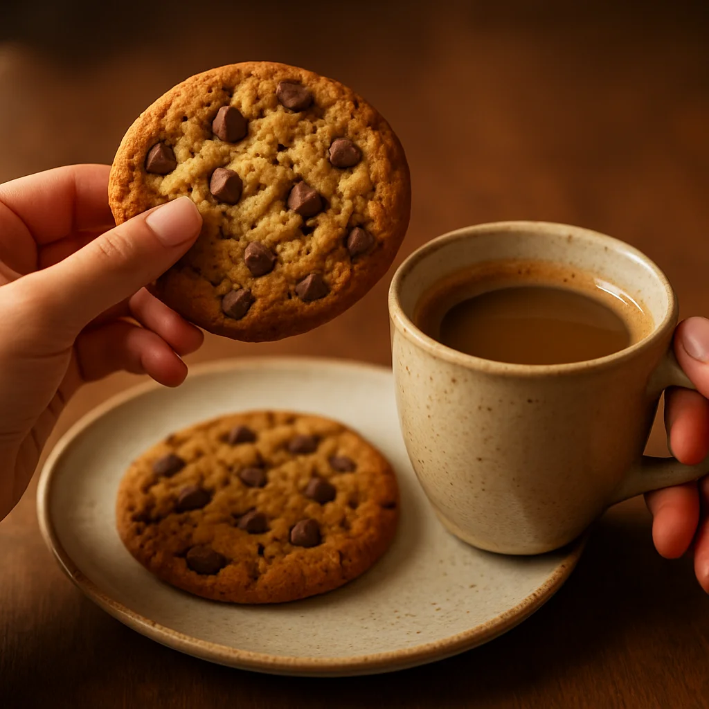 Hände halten einen frisch gebackenen Schoko-Cookie und eine Tasse Kaffee