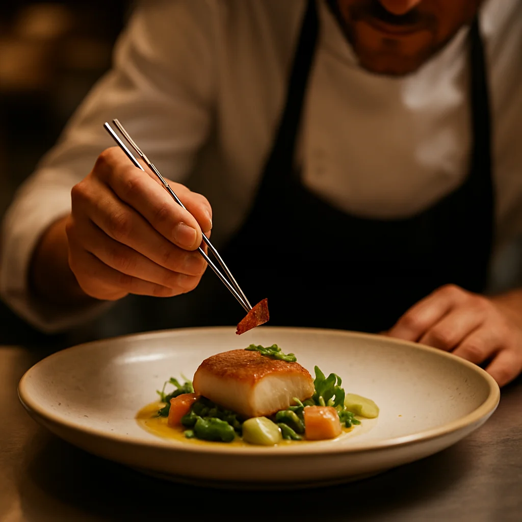 Master chef meticulously arranging ingredients on a plate with precision tweezers