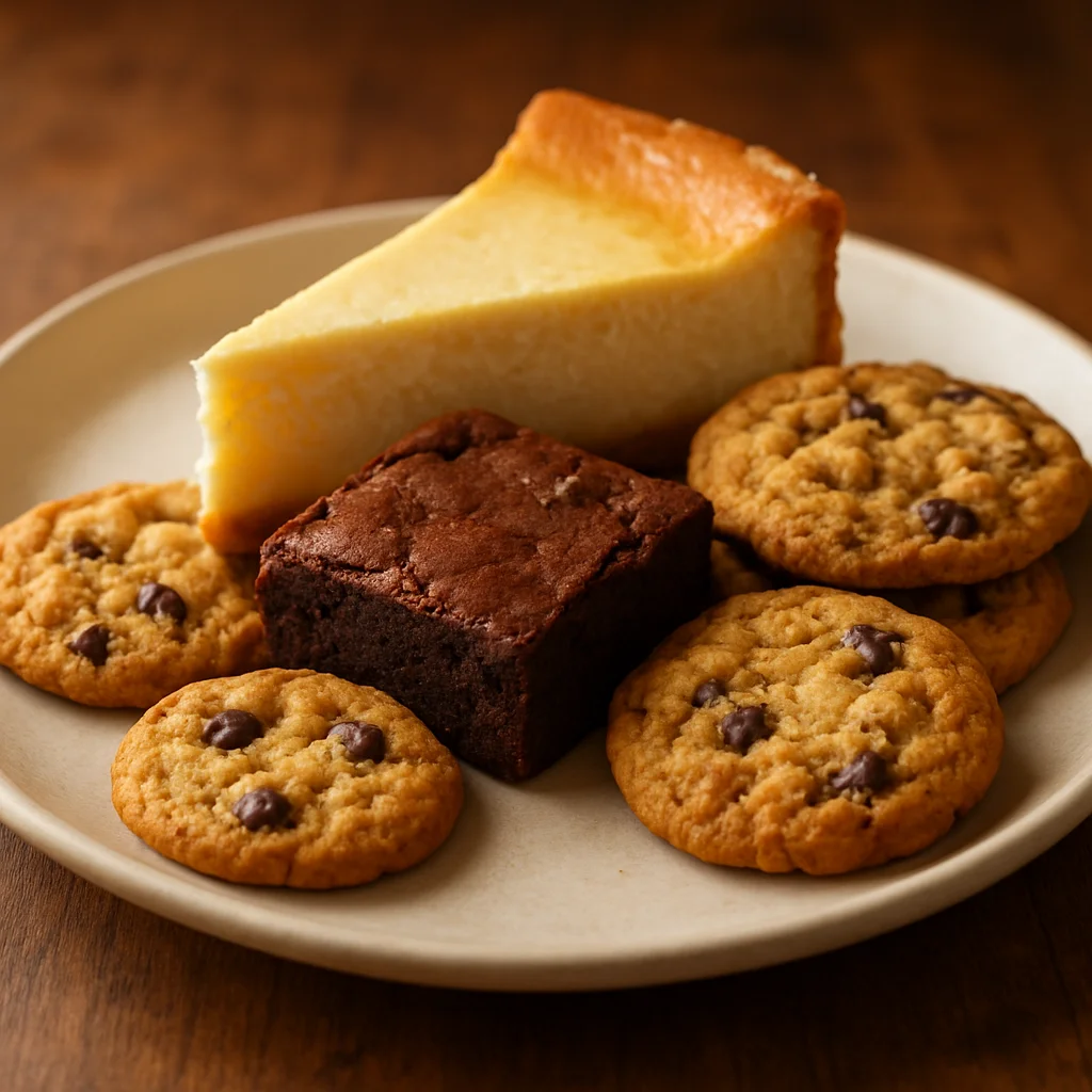Auswahl an hausgemachten Backwaren wie Käsekuchen, Brownies und Cookies auf einem Holztisch