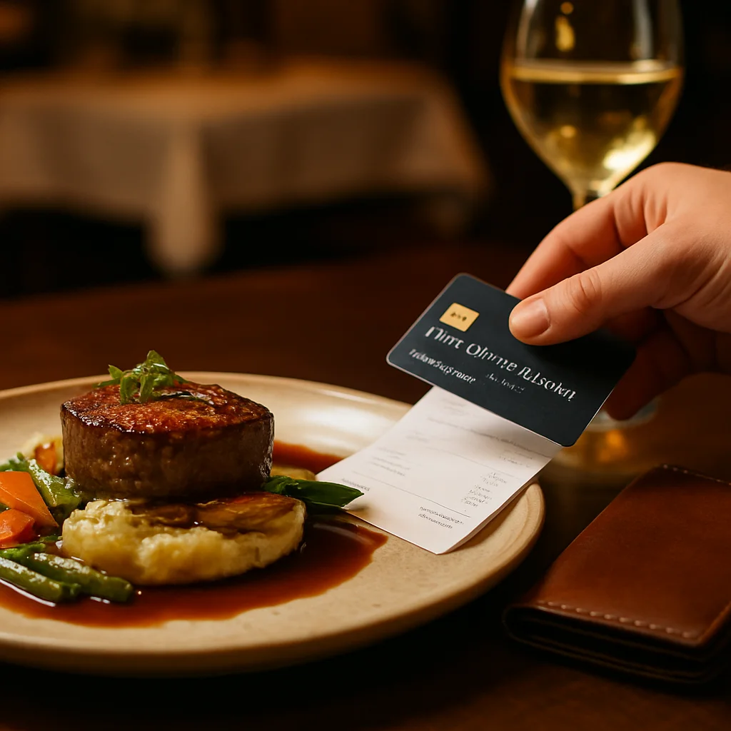 Elegant hand paying a restaurant bill with a credit card, wallet nearby