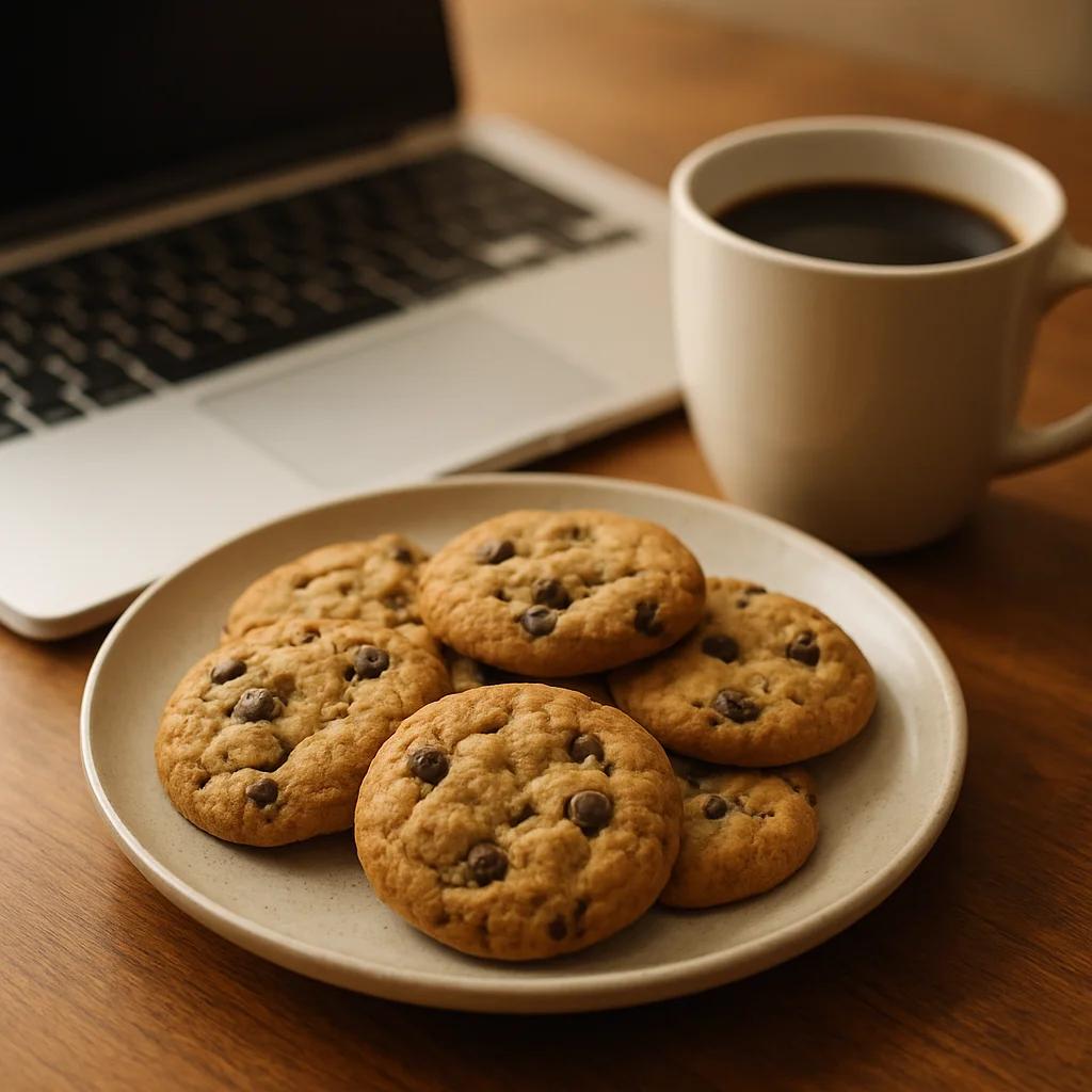 Kwonnens Schreibtisch mit Laptop, Kaffee und einem Teller hausgemachter Kekse