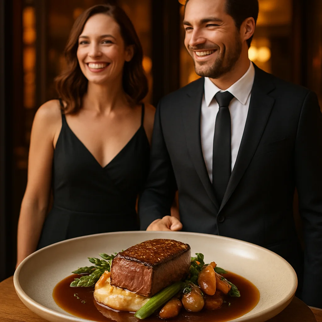 Happy couple exiting a luxurious restaurant after a memorable dinner