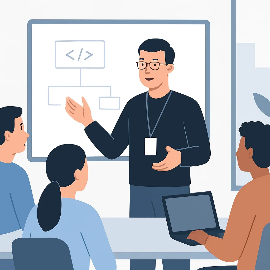 Developer confidently presenting at stand-up
