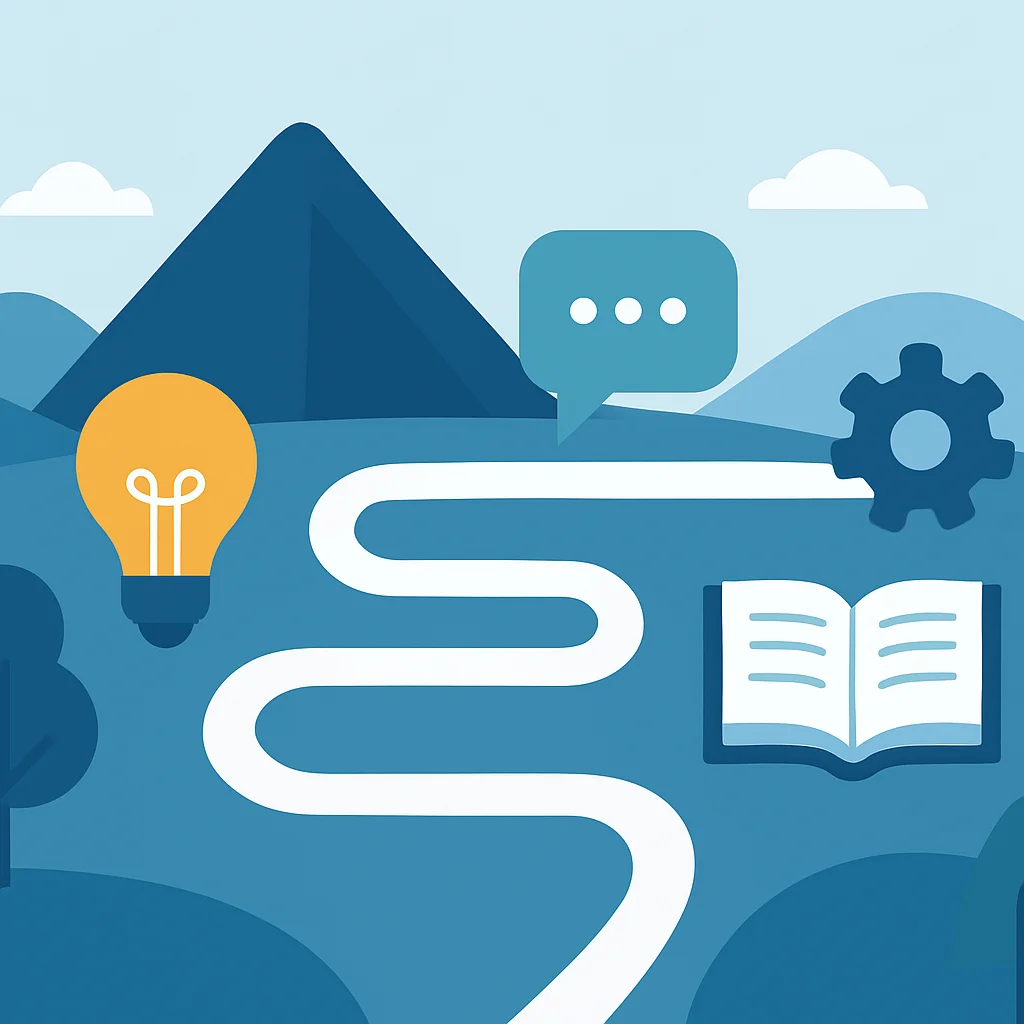 Abstract journey through interconnected knowledge landscape
