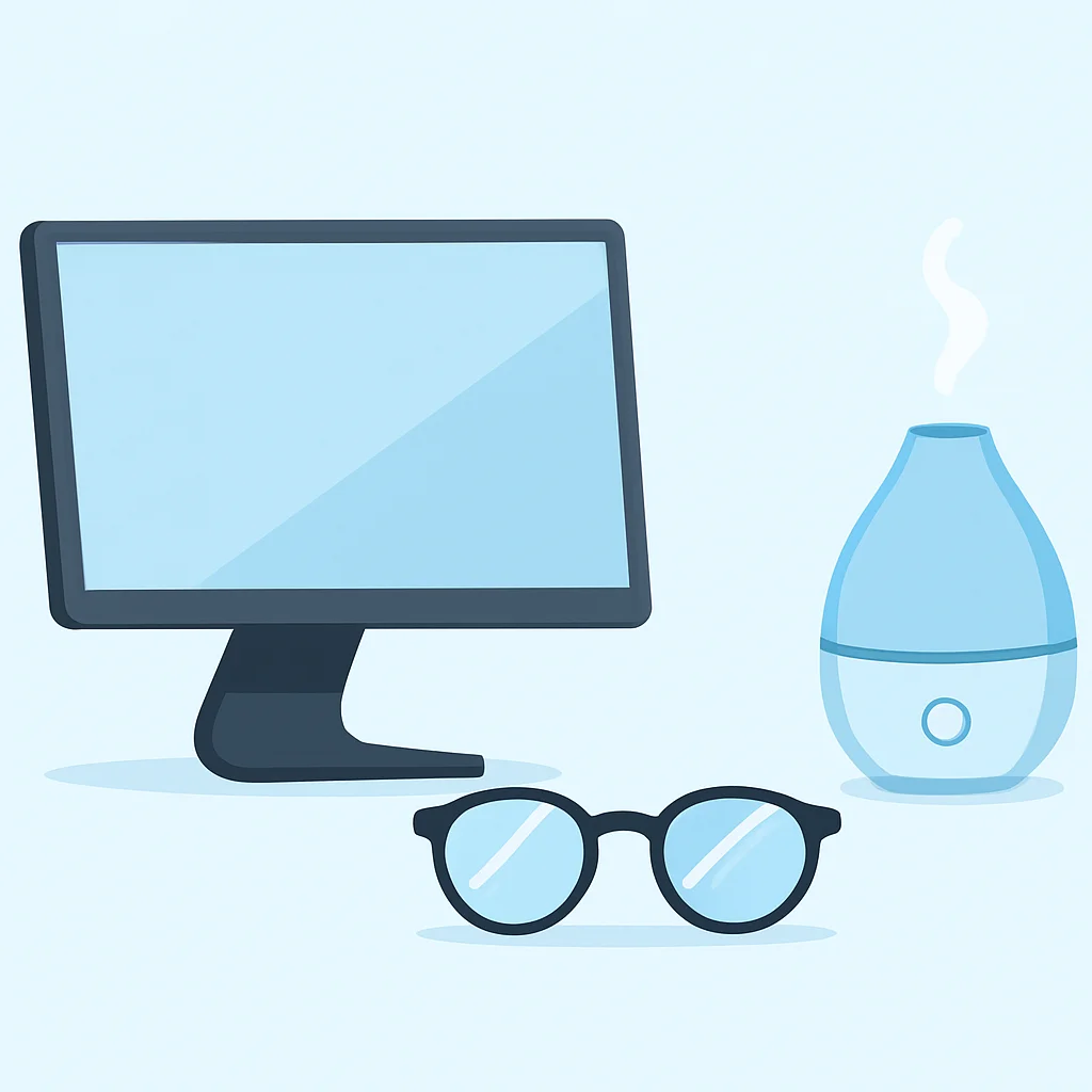 Sammlung von Gadgets für Augengesundheit: ergonomischer Monitor, Blaulichtbrille, Luftbefeuchter