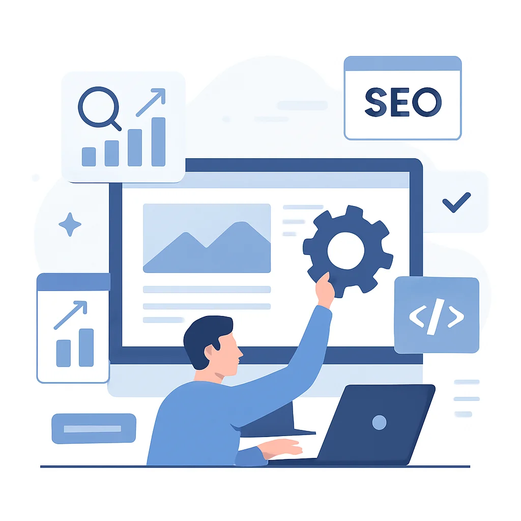 Developer optimizing website for SEO metrics and code