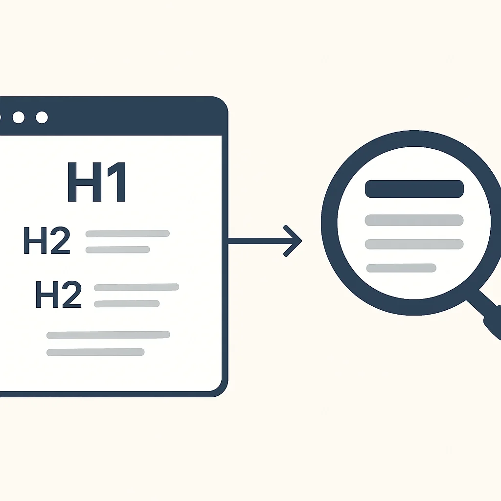 HTML structure for SEO showing H1, H2, meta description