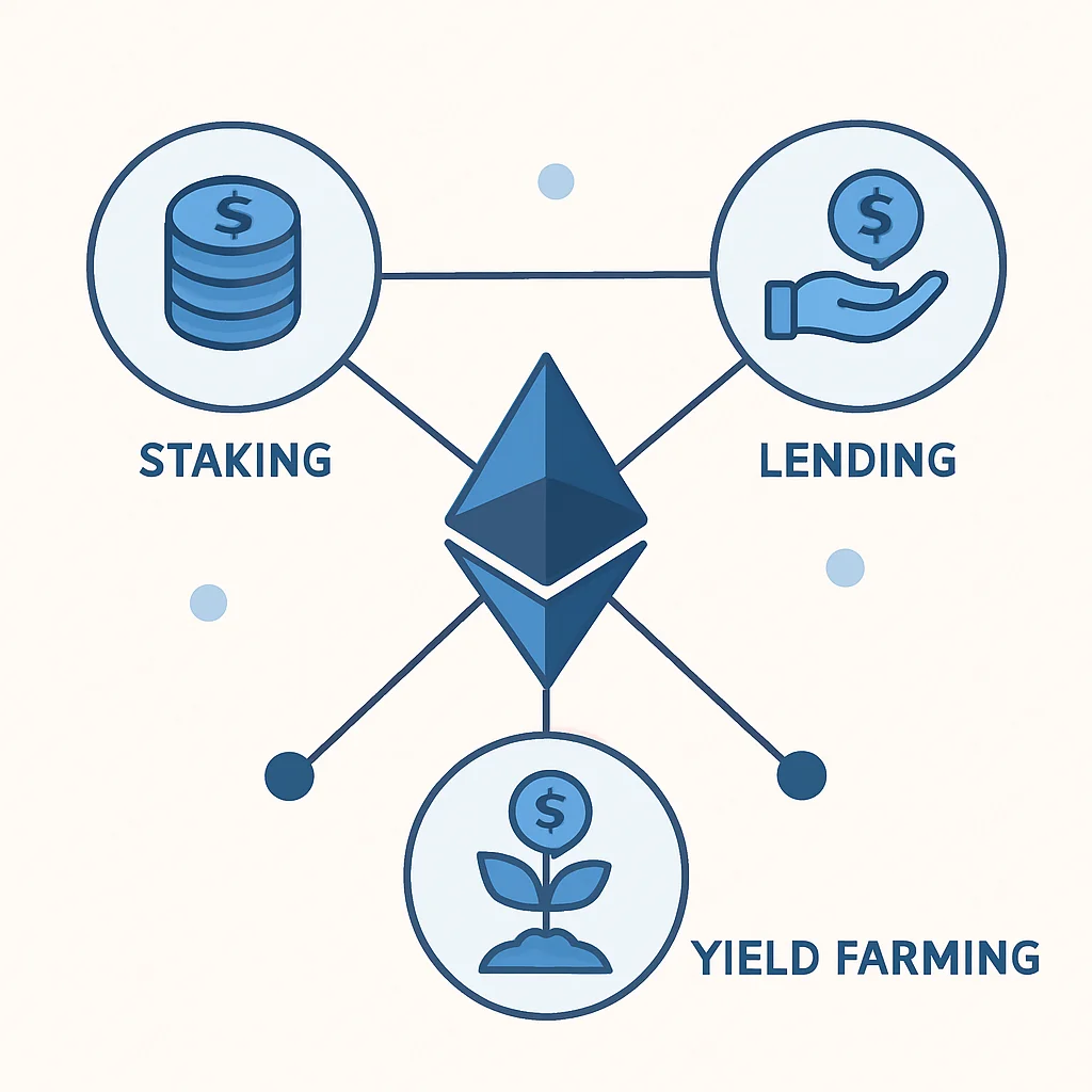 DeFi ecosystem diagram with staking, lending, and yield farming