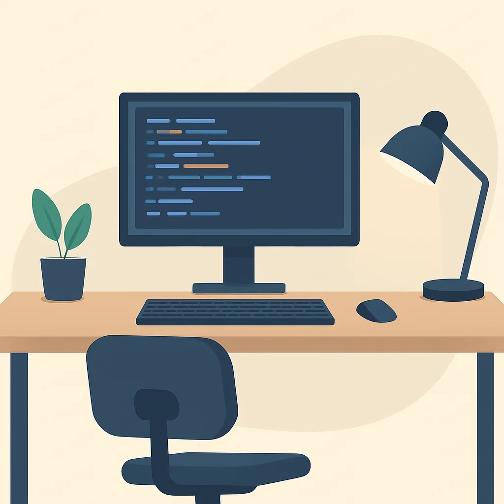 Ergonomischer Schreibtisch für Entwickler mit Monitor auf Augenhöhe und indirekter Beleuchtung