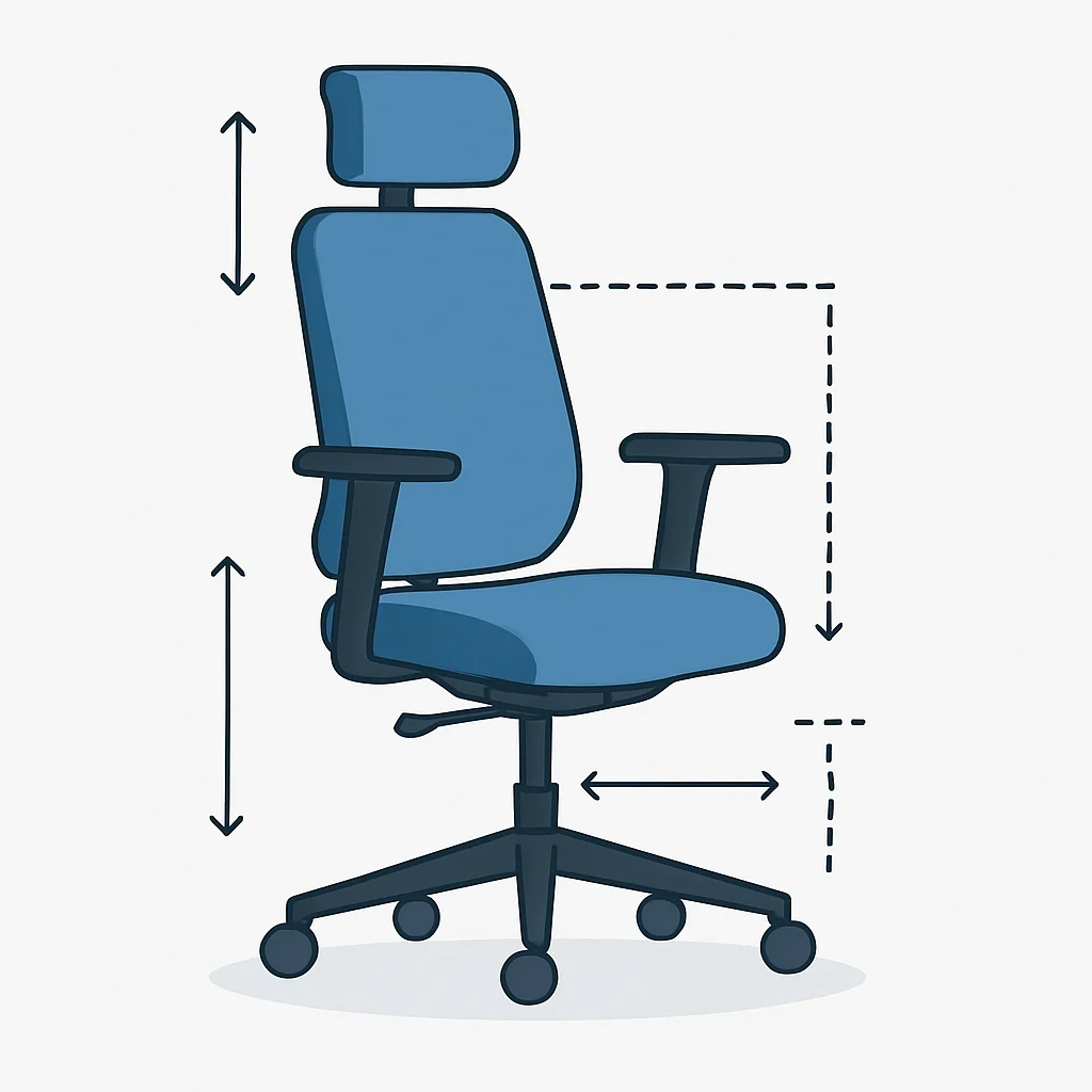 Diagram of an ergonomic office chair with adjustable components labeled