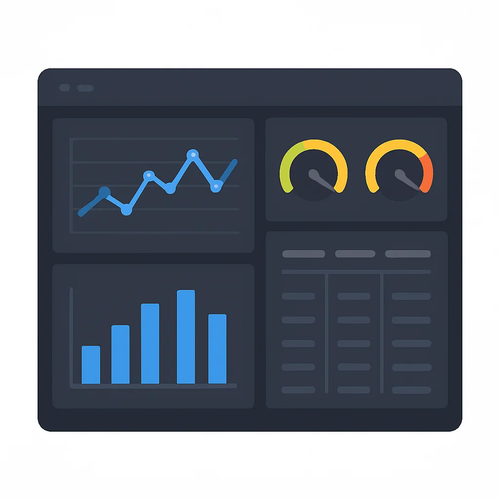 Example Grafana dashboard displaying CPU, memory, network, and application metrics
