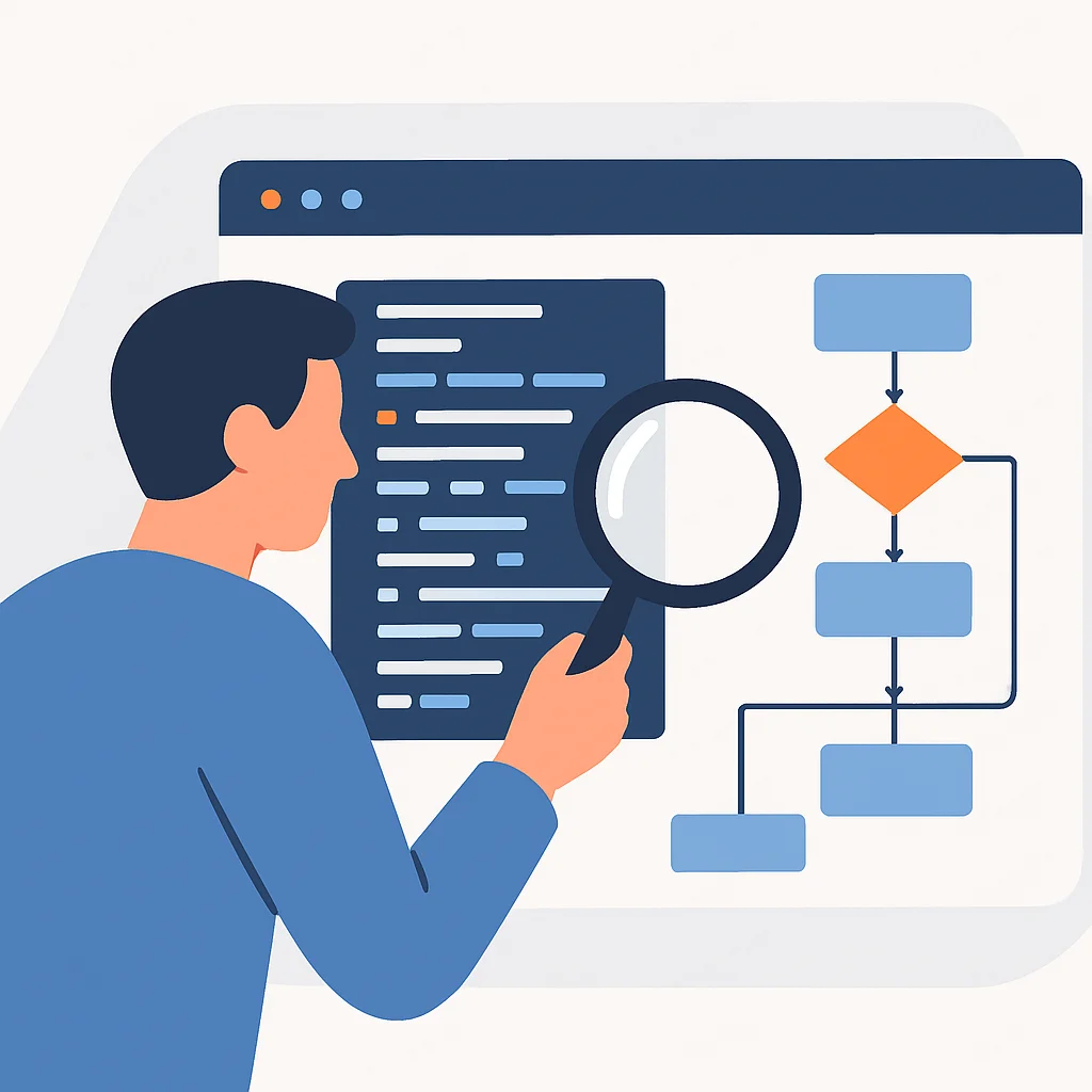 Developer critically analyzing code and flowcharts.