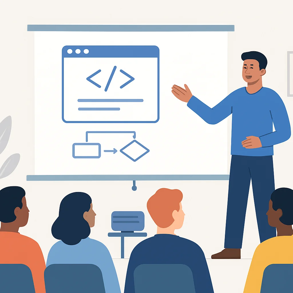 Developer public speaking at a tech conference.
