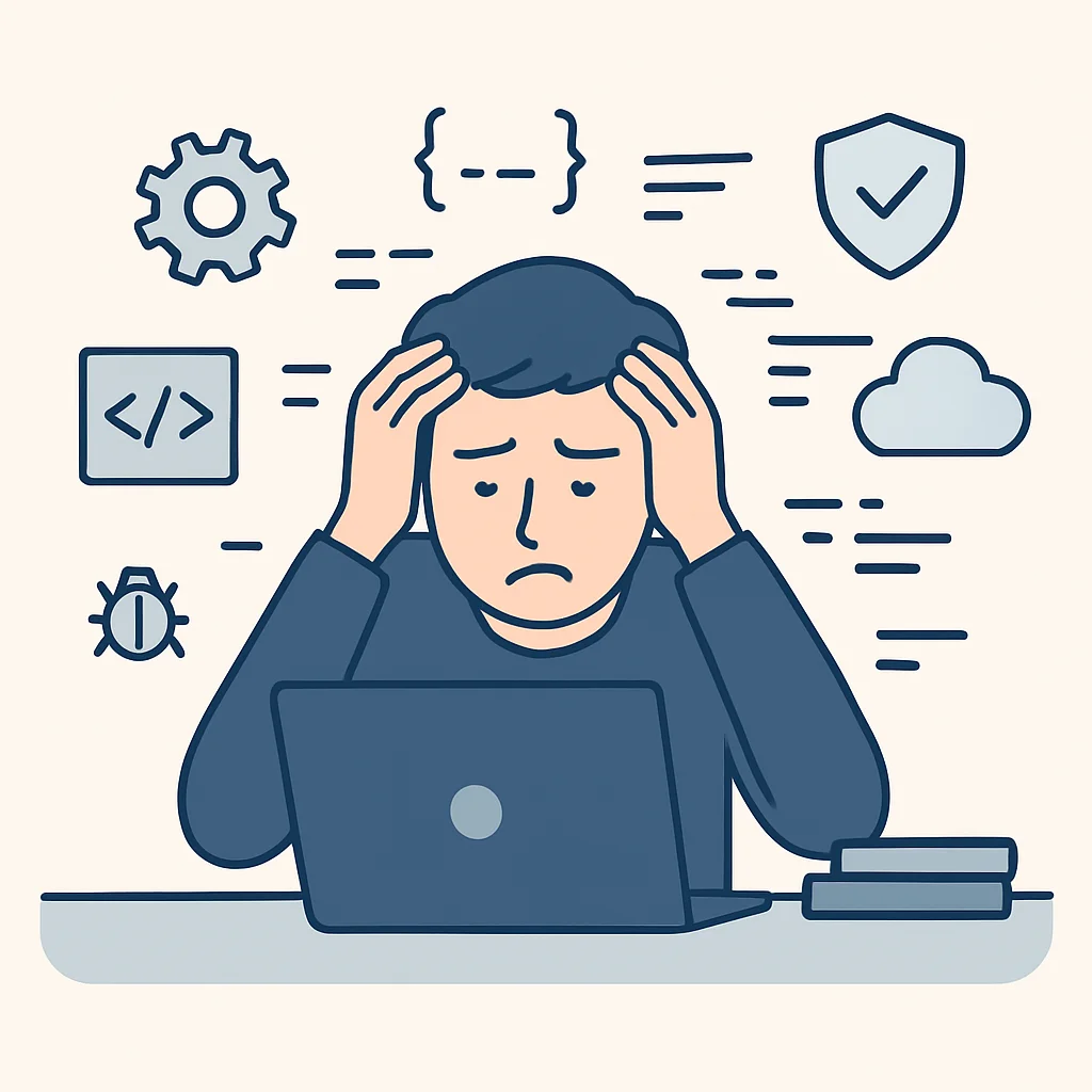 Stressed developer overwhelmed by tech complexity